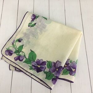 Vintage White Purple Floral Green Leaves Handkerchief Hanky Prairie Cottage
